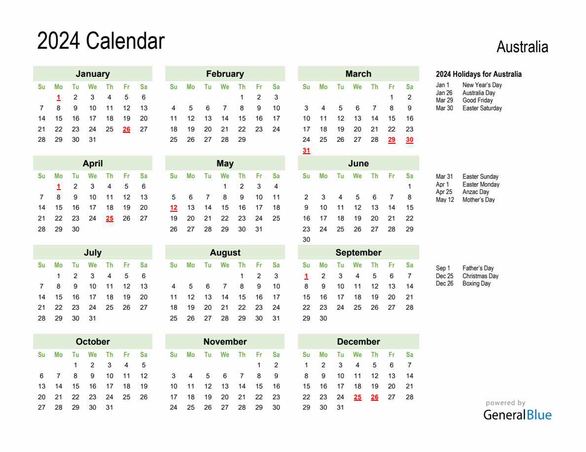 Holiday Calendar 2024 For Australia (Sunday Start) | Printable Calendar 2024 Australia