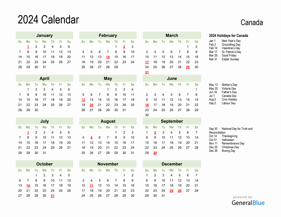 Holiday Calendar 2024 For Canada (Sunday Start) | 2024 Calendar Canada Printable Free Download