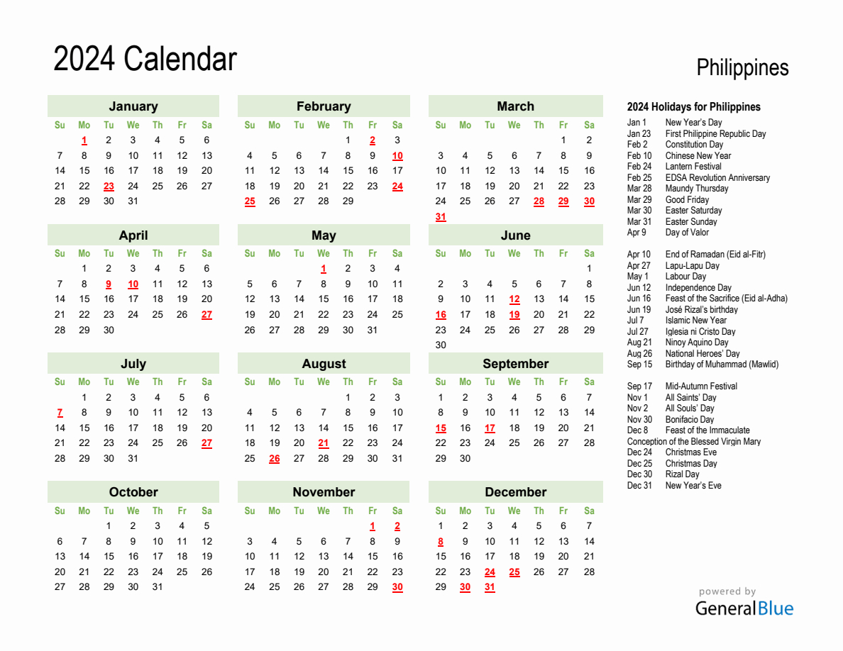 Holiday Calendar 2024 For Philippines (Sunday Start) | Calendar 2024 Philippines Printable