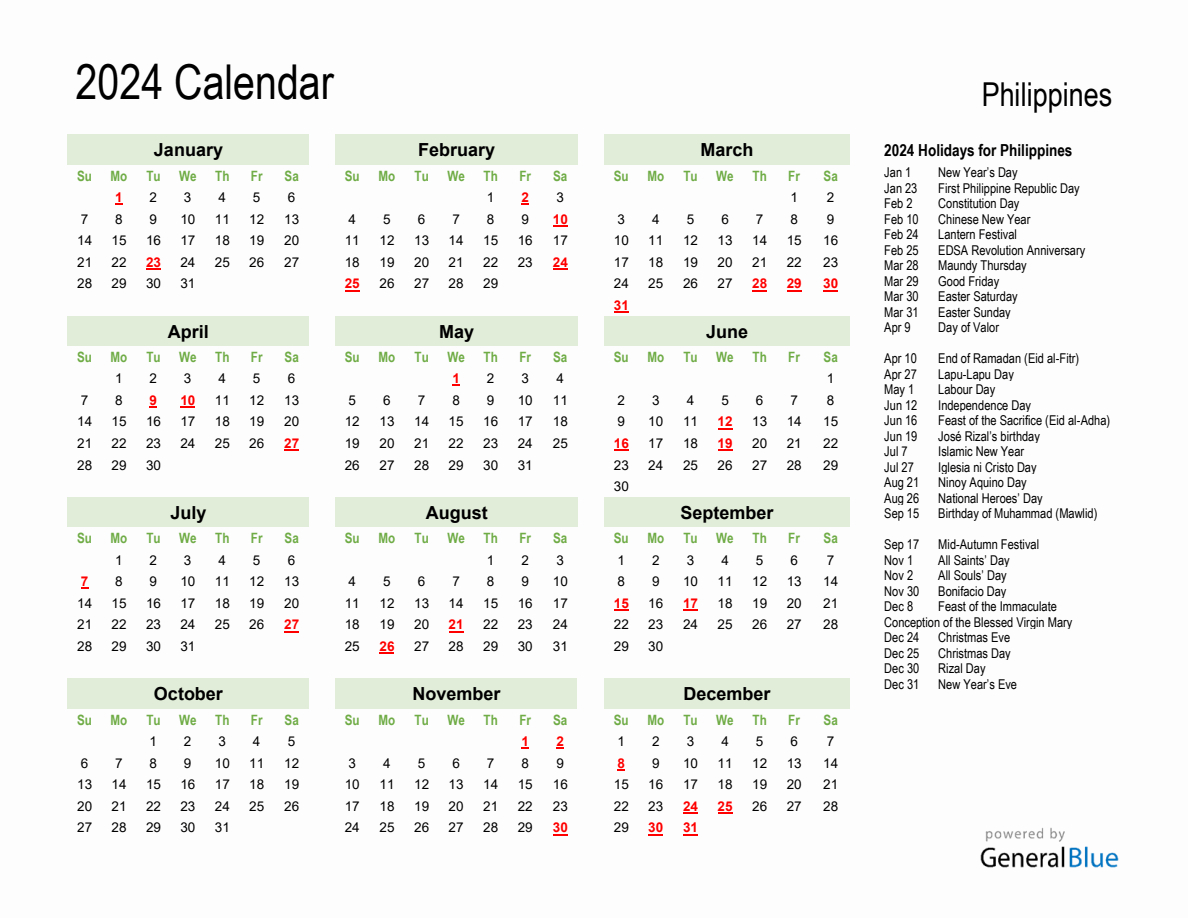 Holiday Calendar 2024 For Philippines (Sunday Start) | Printable Calendar 2024 With Holidays Philippines
