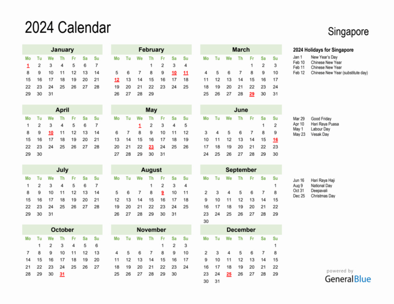 Holiday Calendar 2024 For Singapore (Monday Start) | 2024 Calendar Singapore Printable