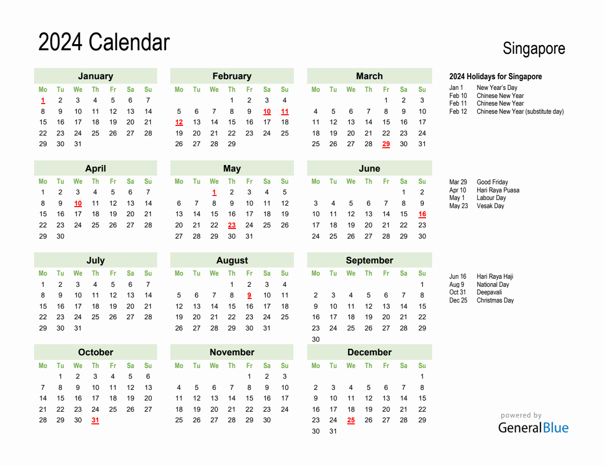 Holiday Calendar 2024 For Singapore (Monday Start) | 2024 Calendar Singapore Printable Pdf Download