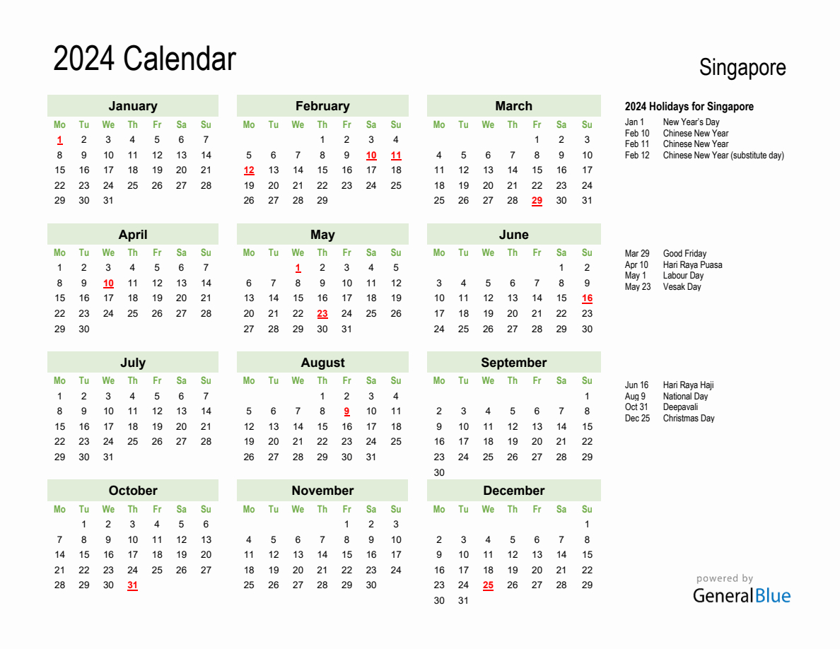 Holiday Calendar 2024 For Singapore (Monday Start) | Printable Calendar 2024 Singapore