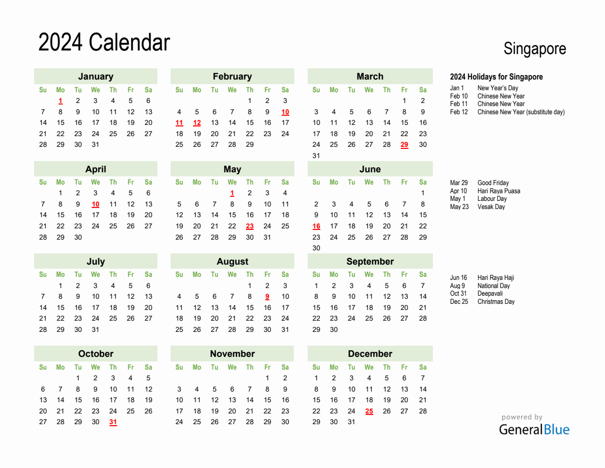 Holiday Calendar 2024 For Singapore (Sunday Start) | Year 2024 Calendar Singapore