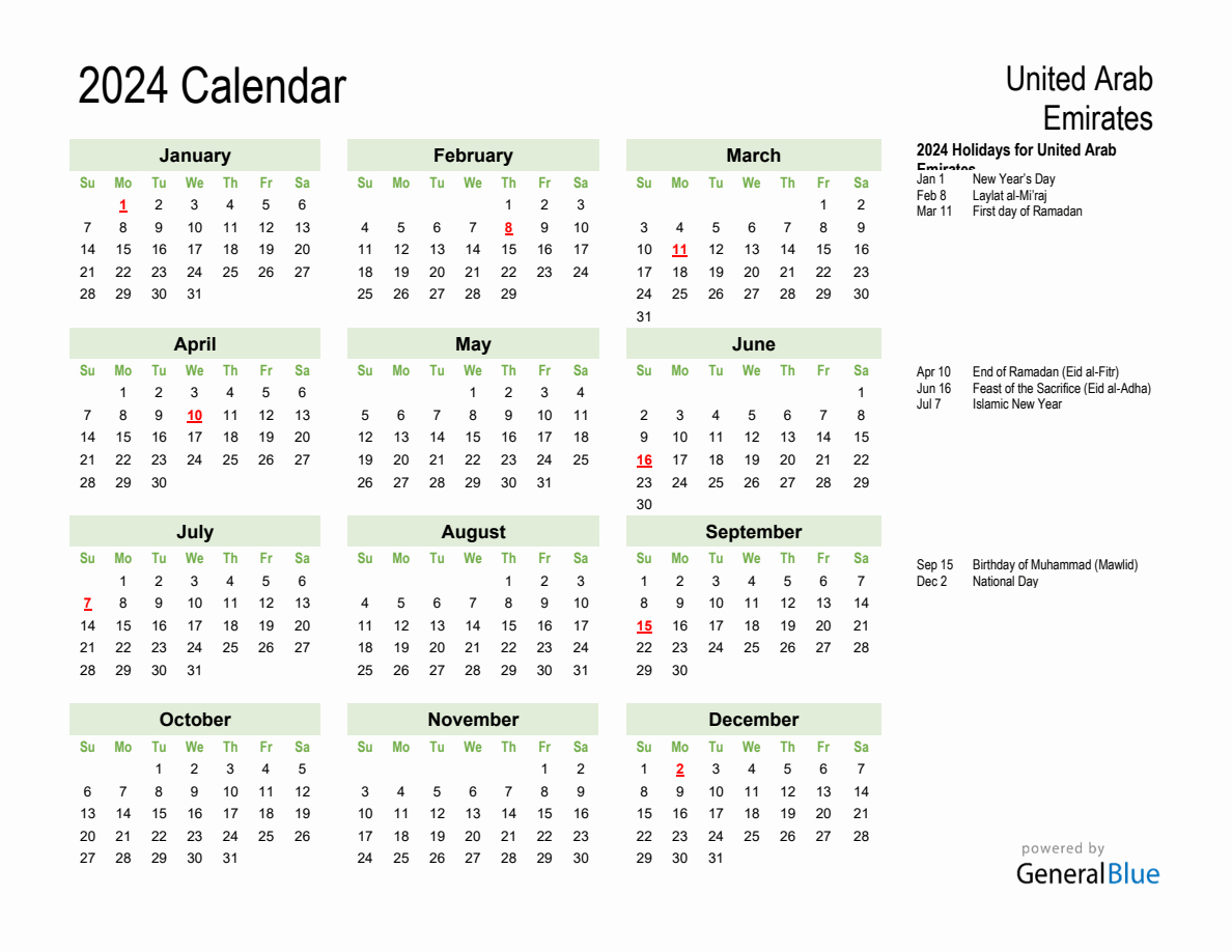 Holiday Calendar 2024 For United Arab Emirates (Sunday Start) | Printable Calendar 2024 Uae