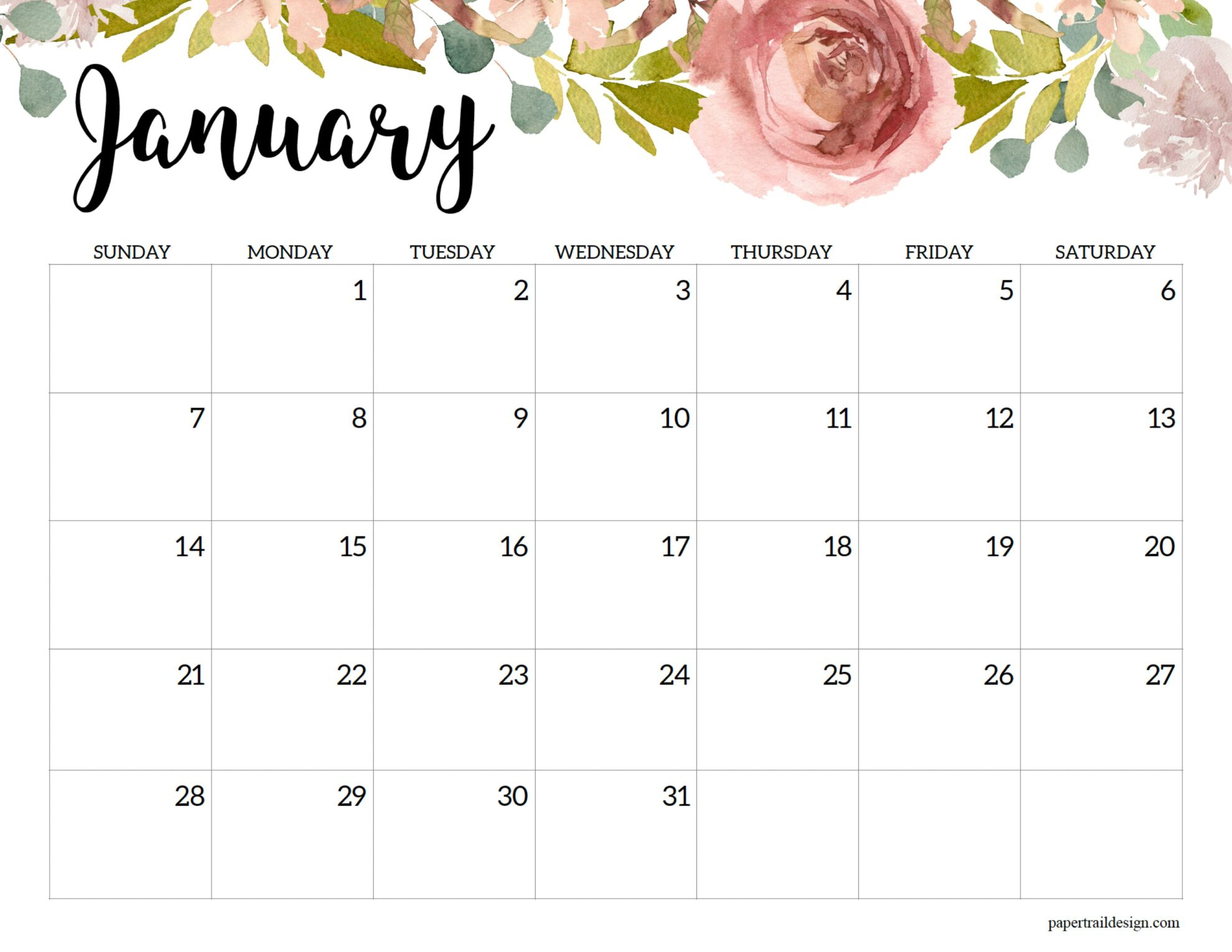 Horizontal Floral Printable Calendar -2024 - Paper Trail Design | 2024 Calendar Printable Floral