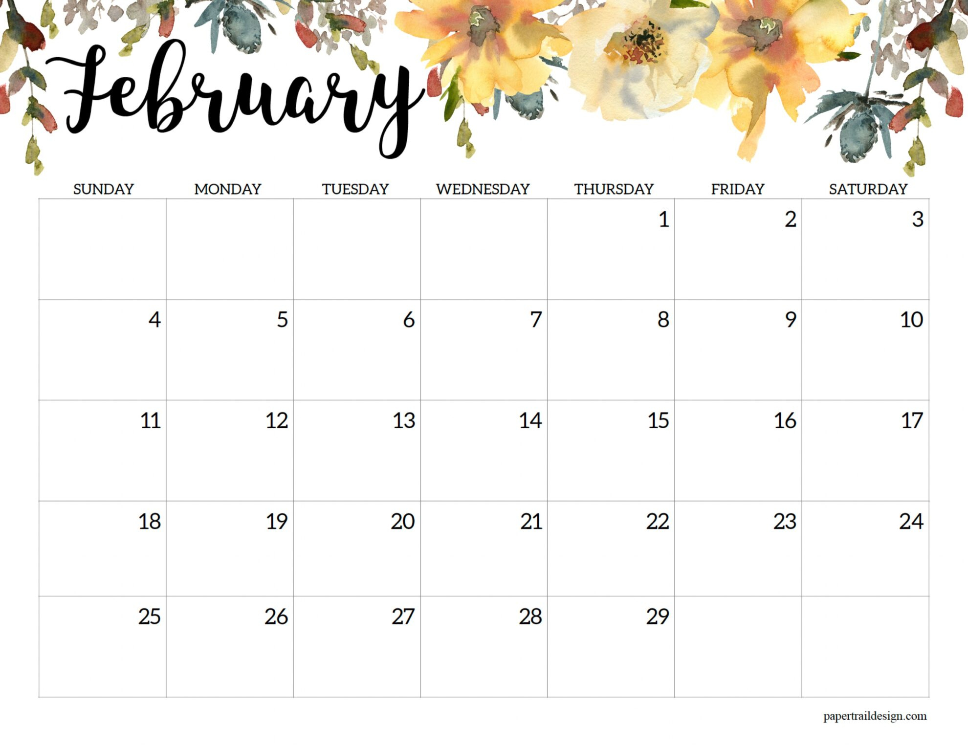 Horizontal Floral Printable Calendar -2024 - Paper Trail Design | Printable Calendar 2024 Floral