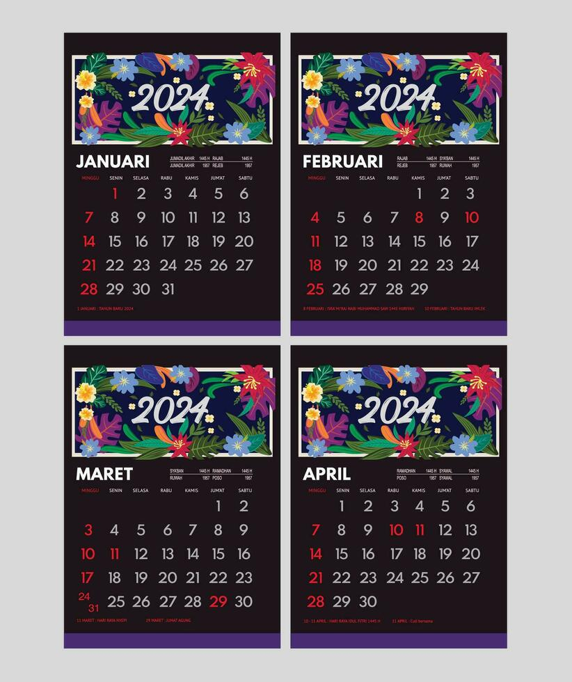 Indonésien Calendrier Avec Nationale Vacances. Kalender 2024 | Kalender 2024