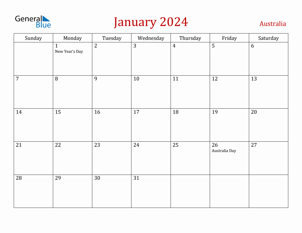 January 2024 Australia Monthly Calendar With Holidays | Printable Calendar January 2024 Australia