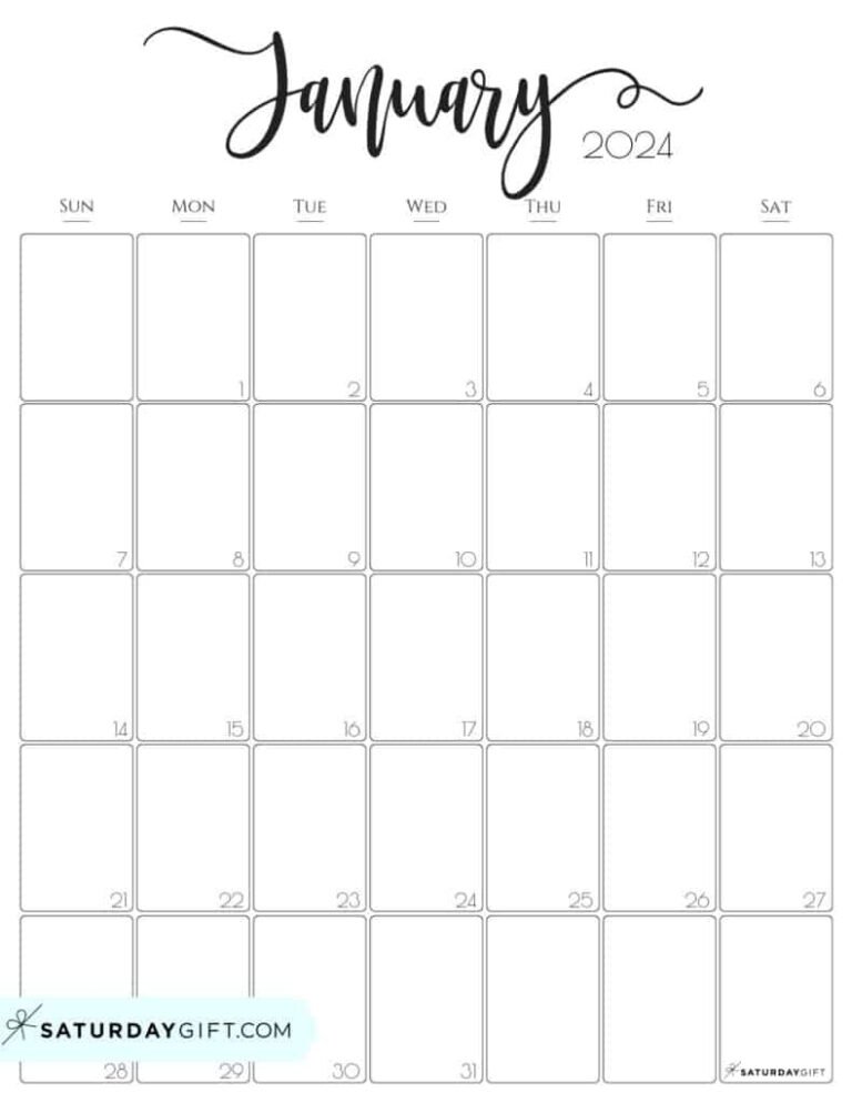 January 2024 Calendar - 20 Cute &amp; Free Printables | Saturdaygift | Free Printable 2024 Calendar By Month Pdf