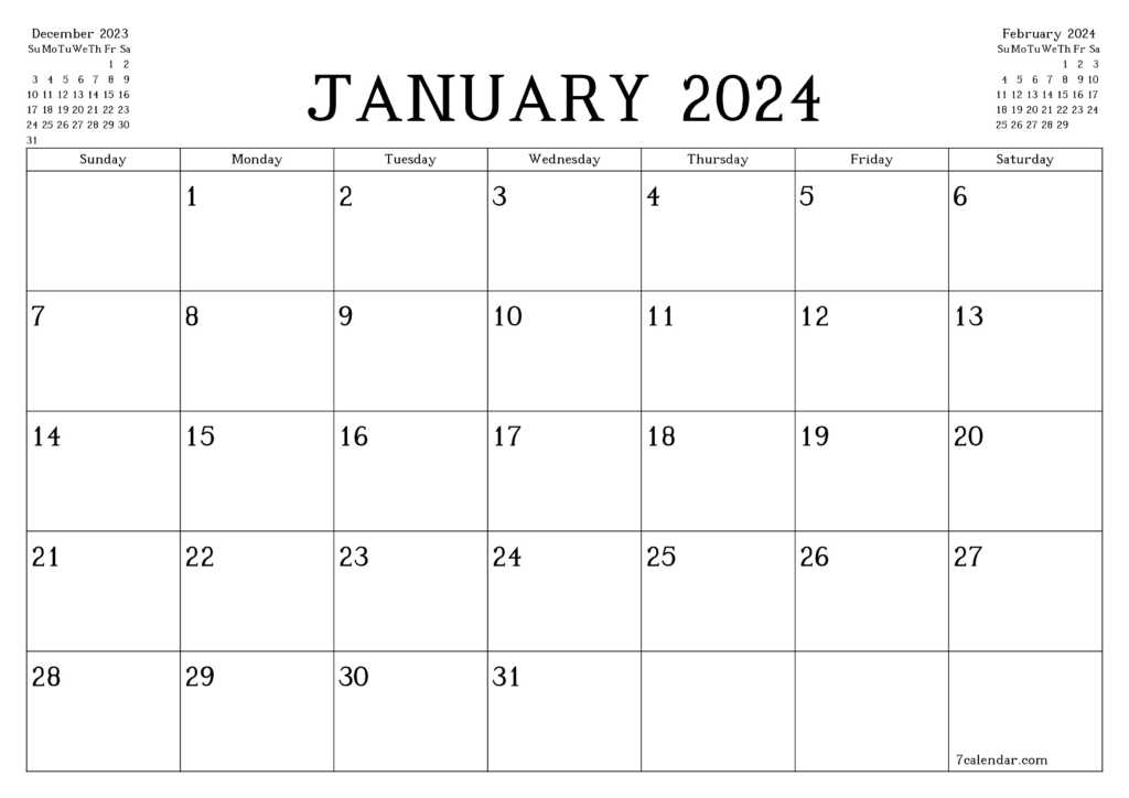 Calendar January 2024 Printable PDF | Printable Calendar 2024