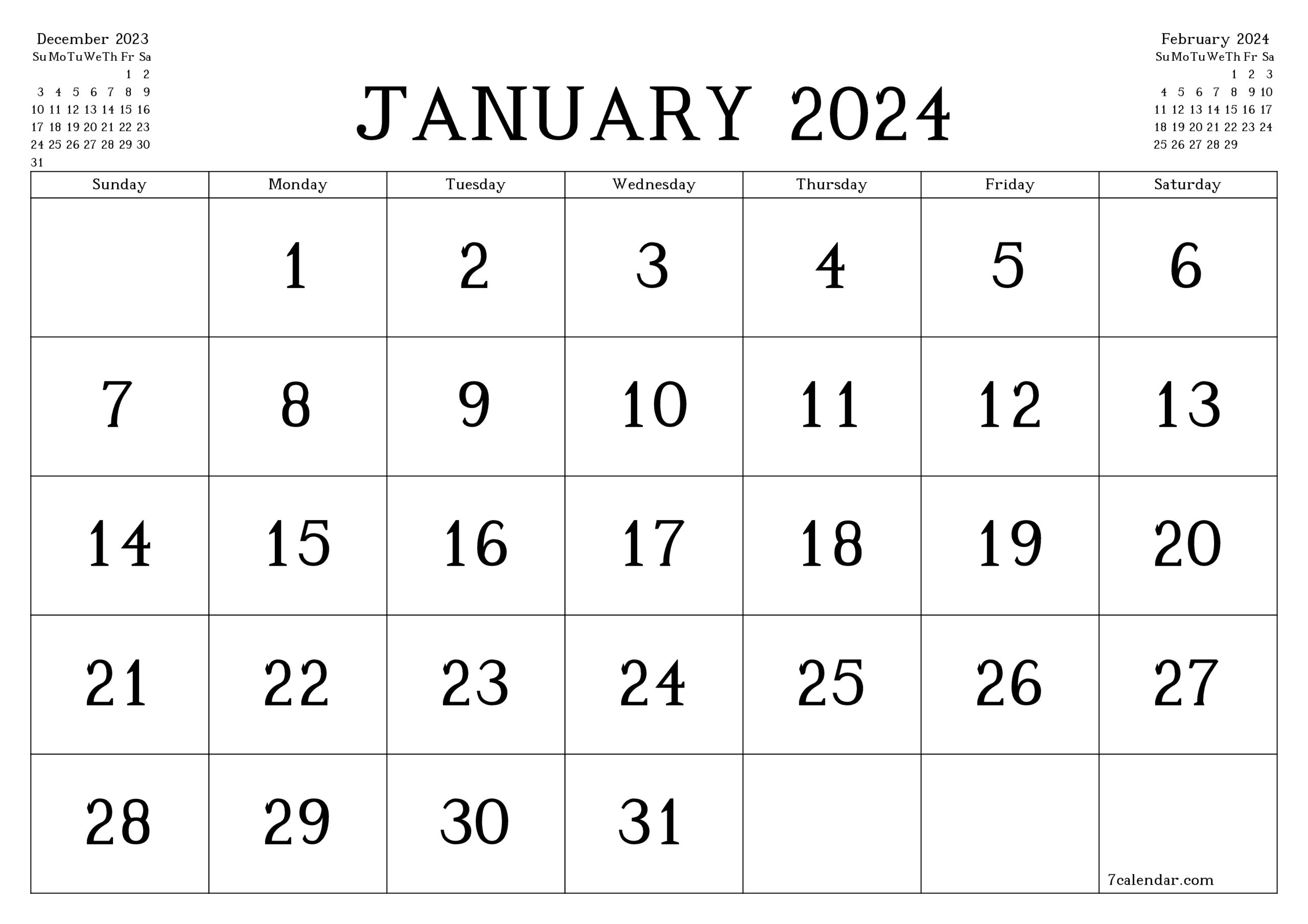 January 2024 Calendar And Planner For The Month, Pdf And Png | January 2024 Calendar Month
