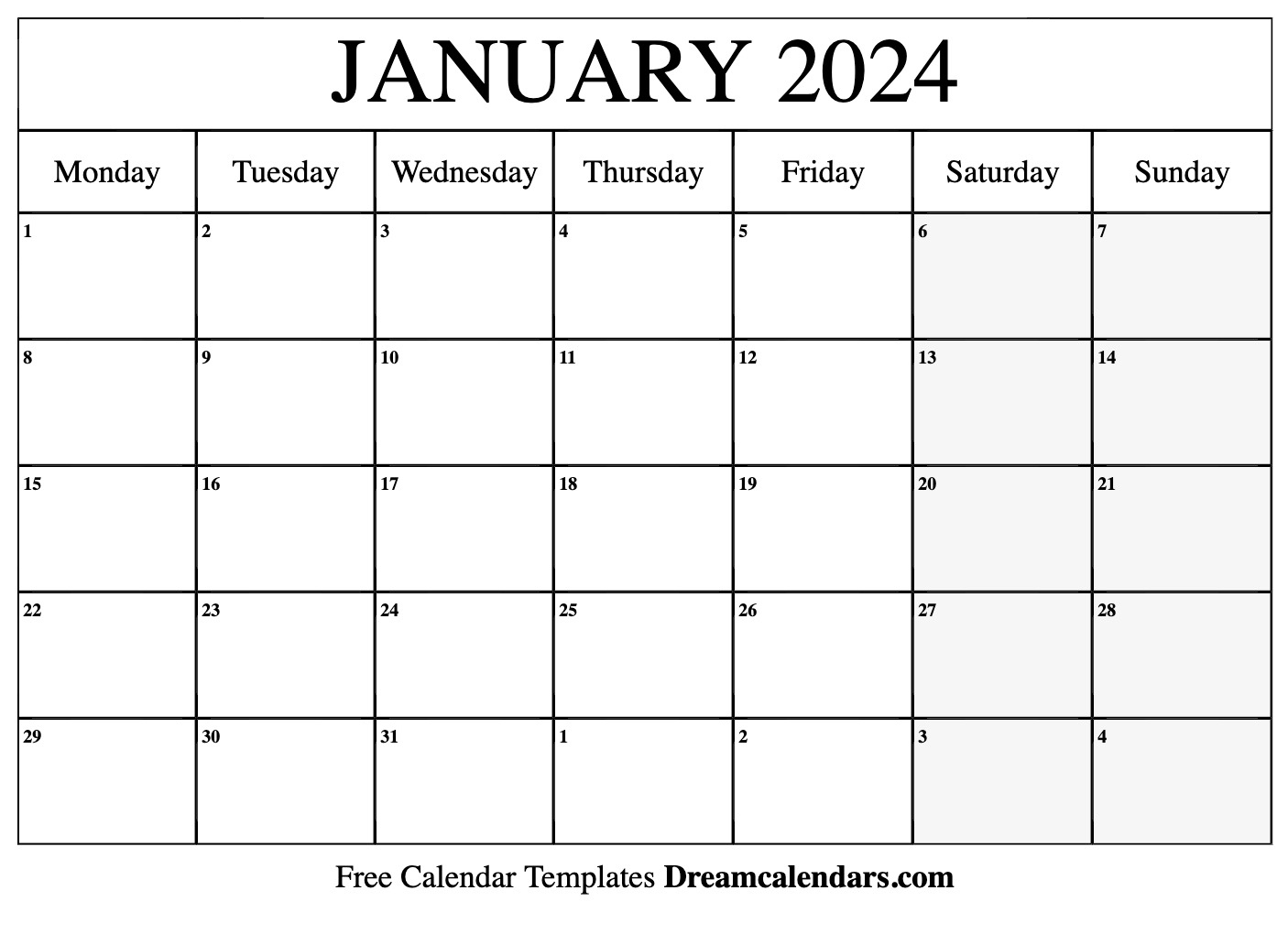 January 2024 Calendar | Free Blank Printable With Holidays | January 2024 Calendar Printable Monday Start