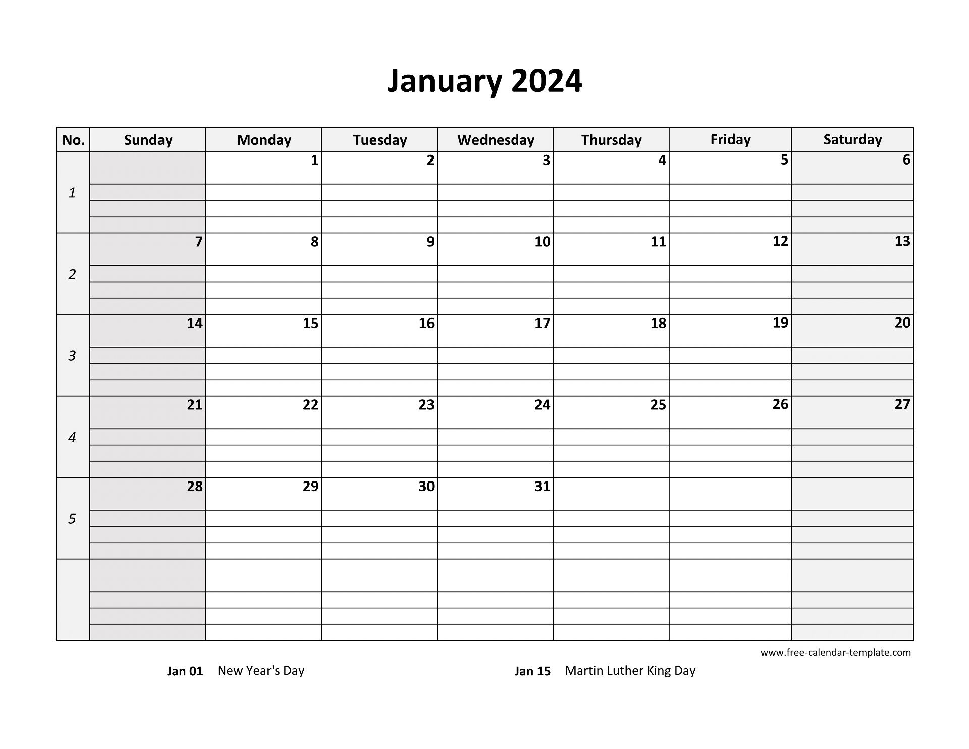 January 2024 Calendar Free Printable With Grid Lines Designed | January 2024 Calendar Printable With Lines