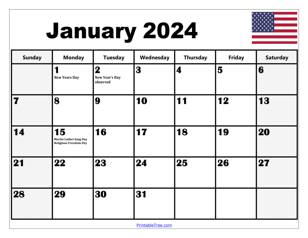 January 2024 Calendar Printable Pdf Template With Holidays | January 2024 Calendar Printable With Holidays