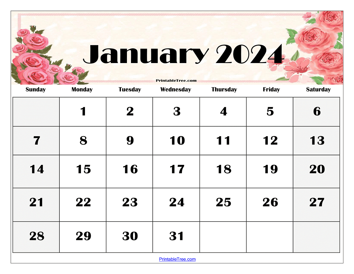 January 2024 Calendar Printable - Printable Tree - Medium | Calendar 2024 Printable A3