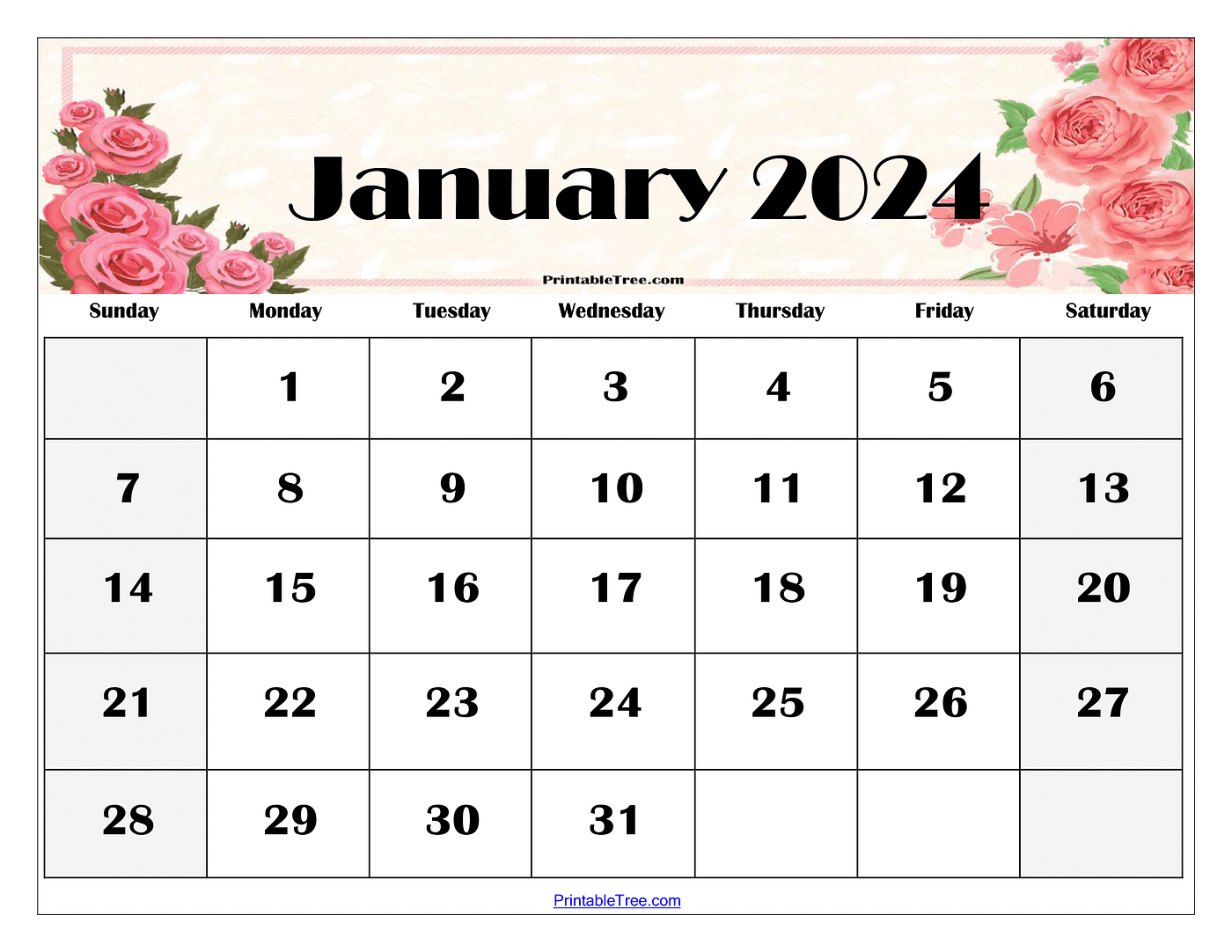January 2024 Calendar Printable - Printable Tree - Medium | Printable Calendar 2024 A3