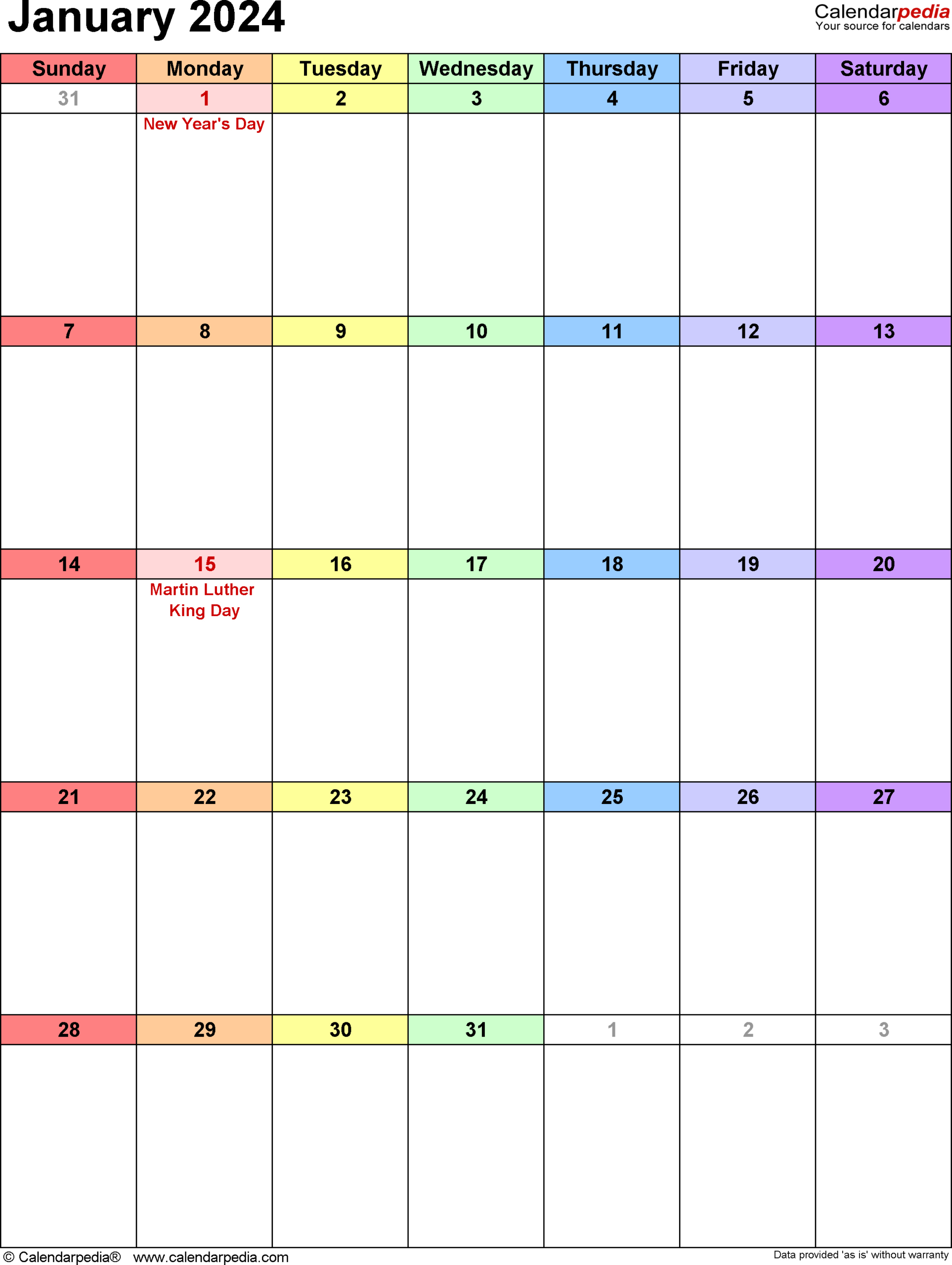 January 2024 Calendar | Templates For Word, Excel And Pdf | January 2024 Calendar Printable Vertical
