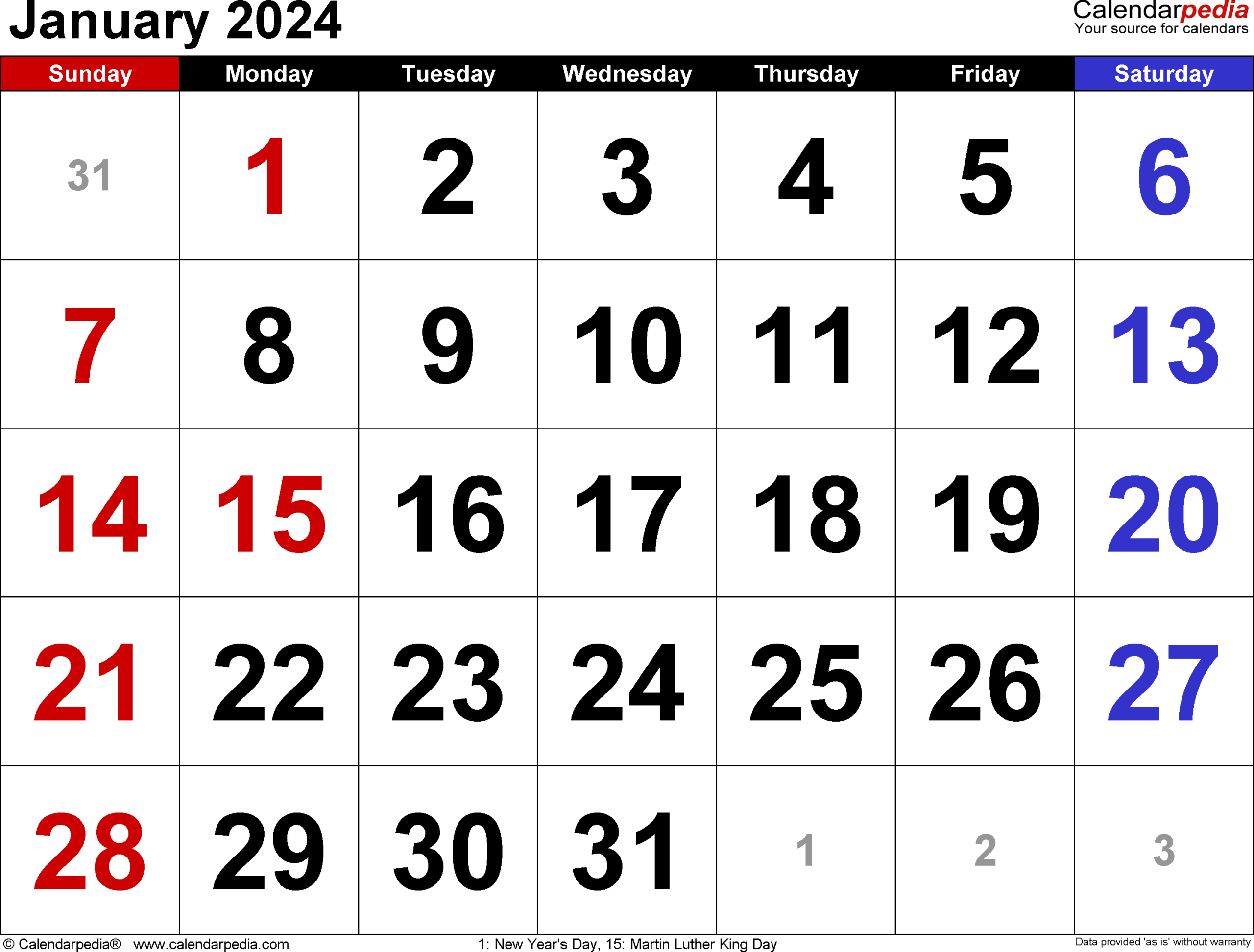 January 2024 Calendar | Templates For Word, Excel And Pdf | Printable Calendar 2024 Calendarpedia