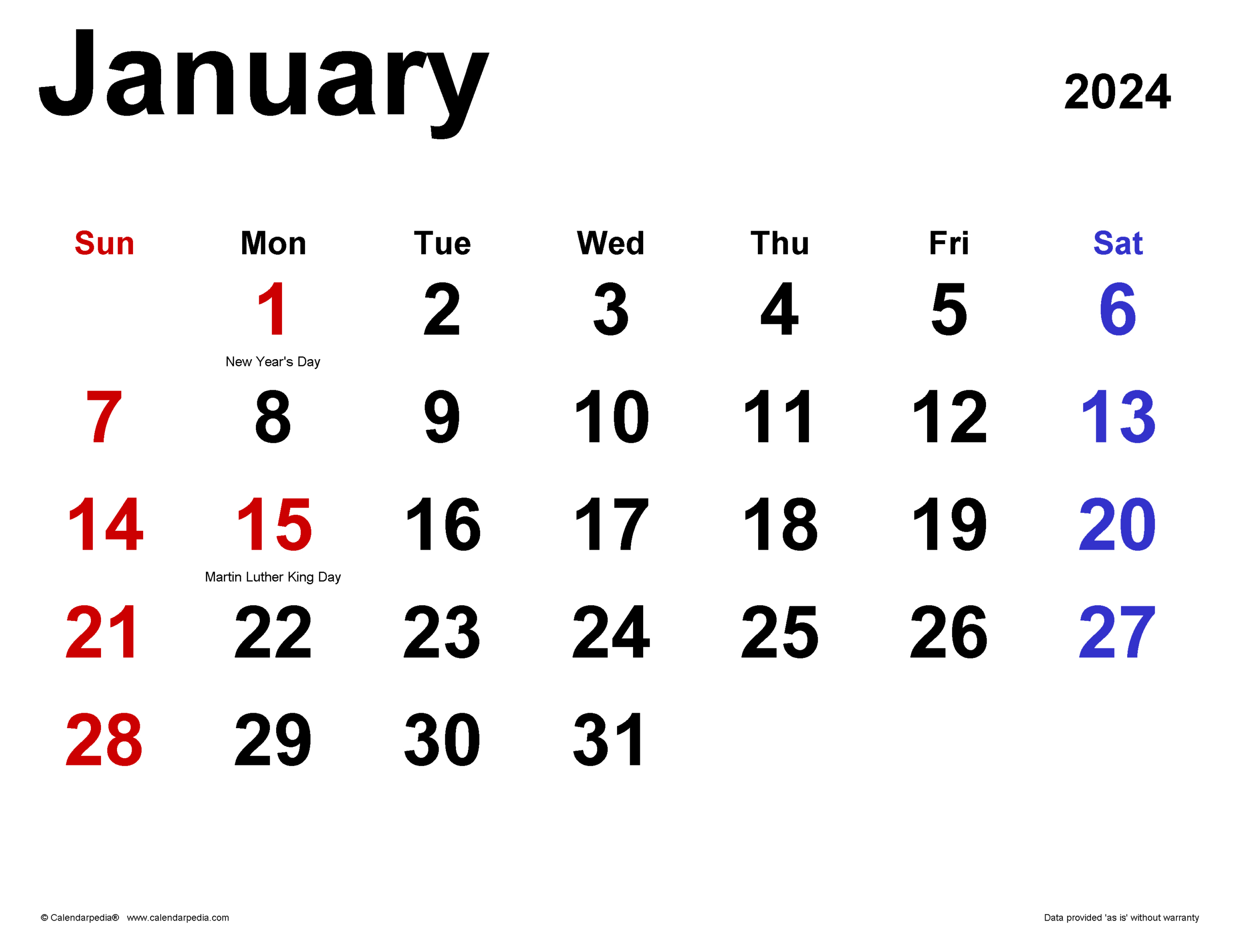 January 2024 Calendar | Templates For Word, Excel And Pdf | Year 2024 January Calendar