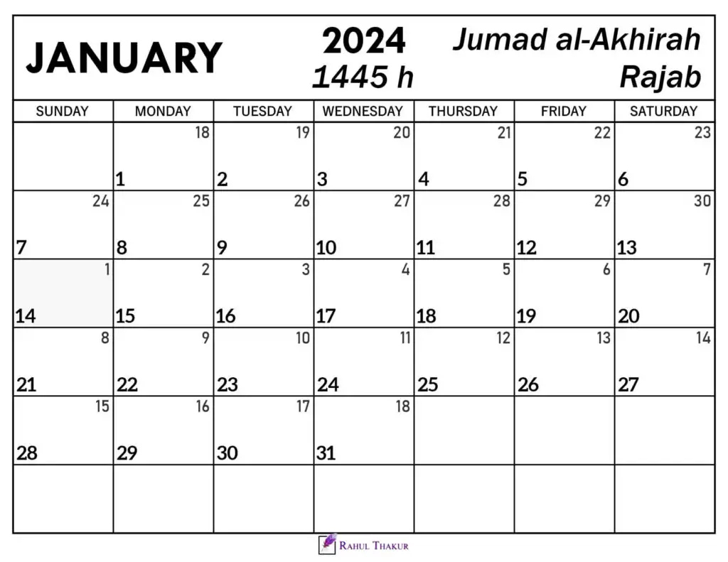 January 2024 Calendar With Hijri Dates - Thakur Writes | Printable Calendar 2024 Saudi Arabia