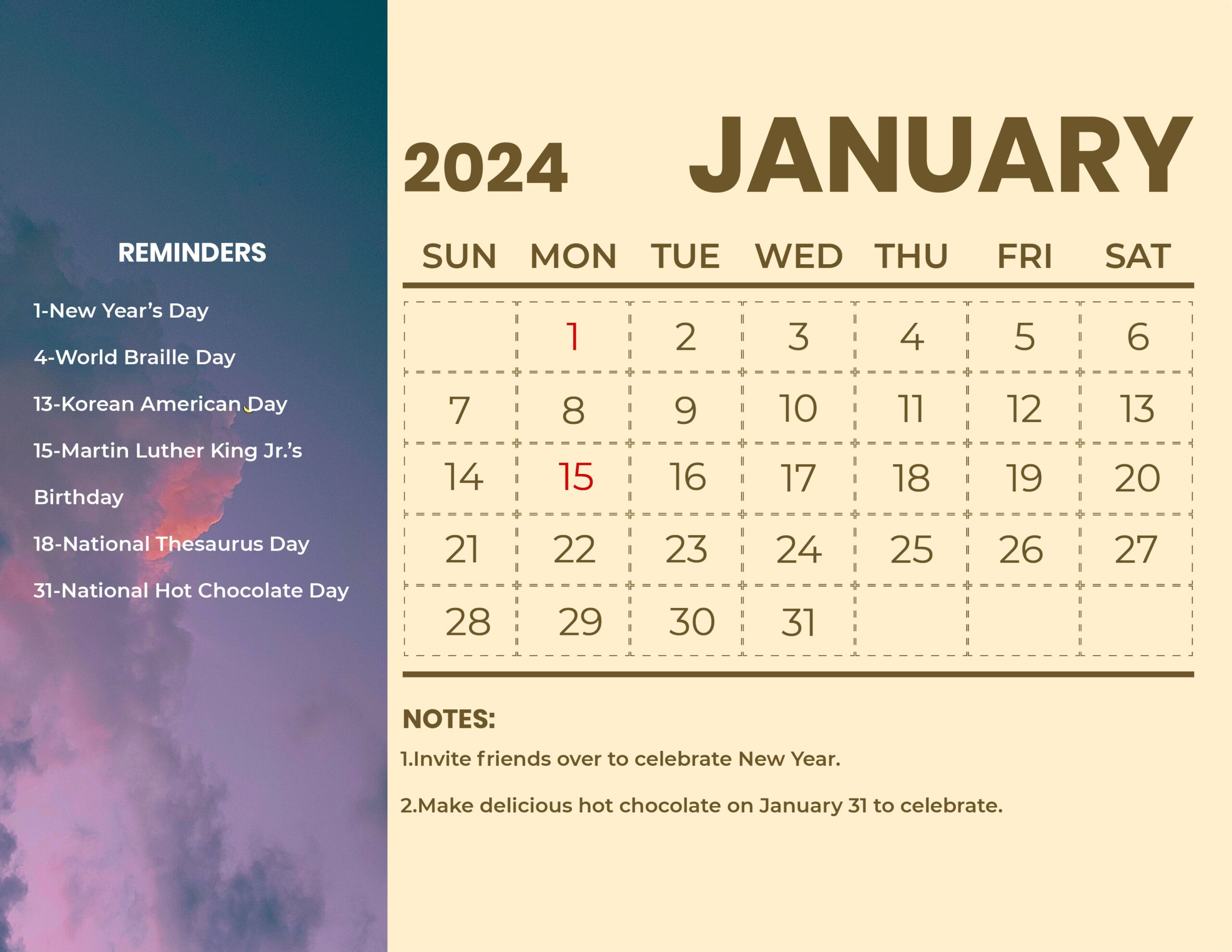 January 2024 Calendar With Holidays - Download In Word | January 2024 Calendar Printable With Holidays