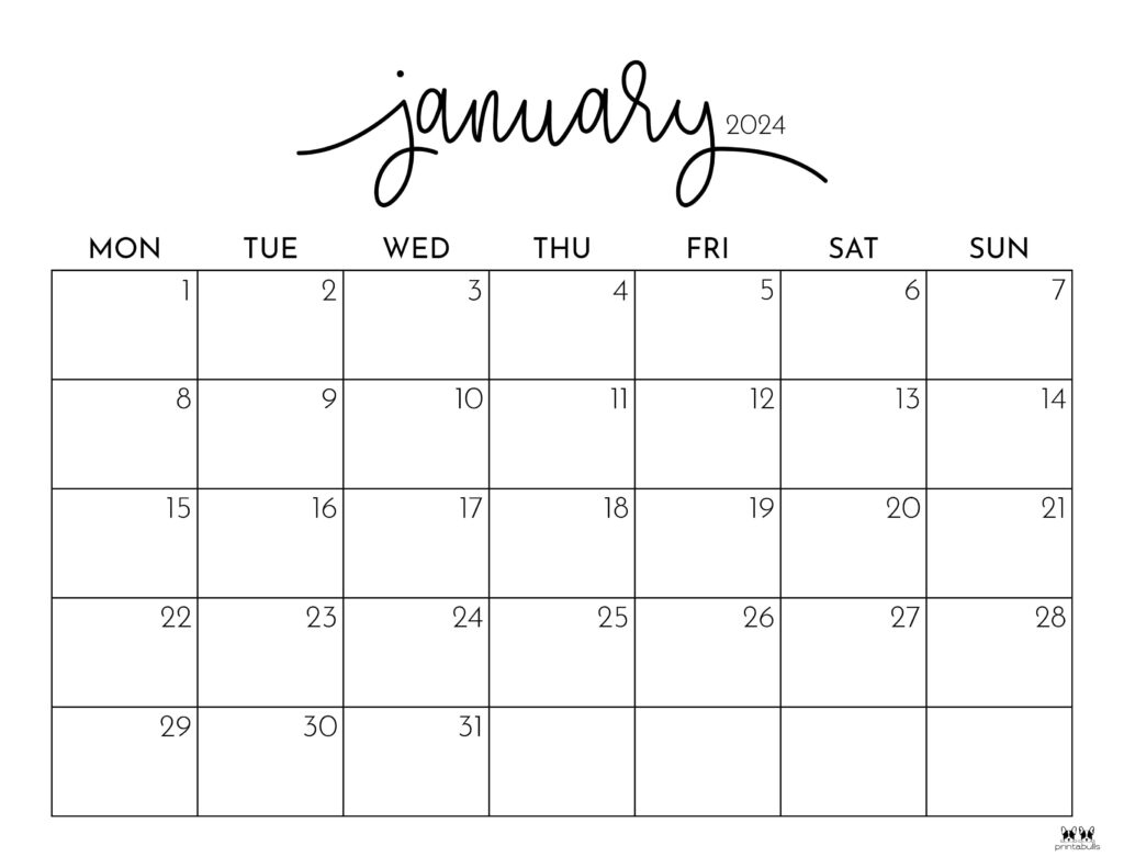 January 2024 Calendars - 50 Free Printables | Printabulls | January 2024 Calendar Printable Monday Start