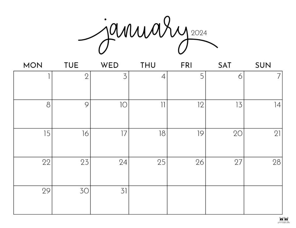January 2024 Calendars - 50 Free Printables | Printabulls | Printable Calendar January 2024 Monday Start