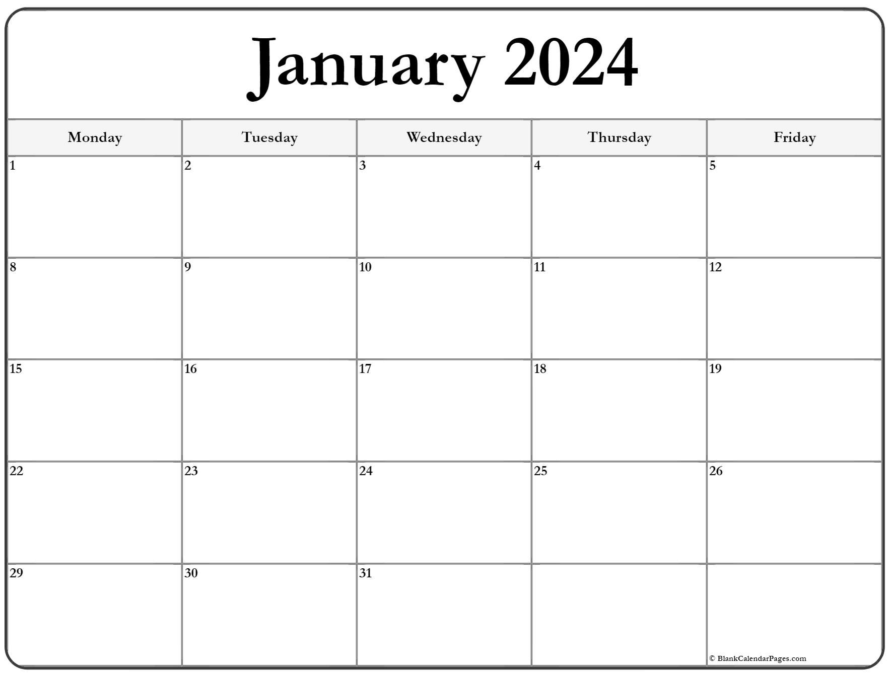 January 2024 Monday Calendar | Monday To Sunday | January 2024 Calendar Printable Monday Start