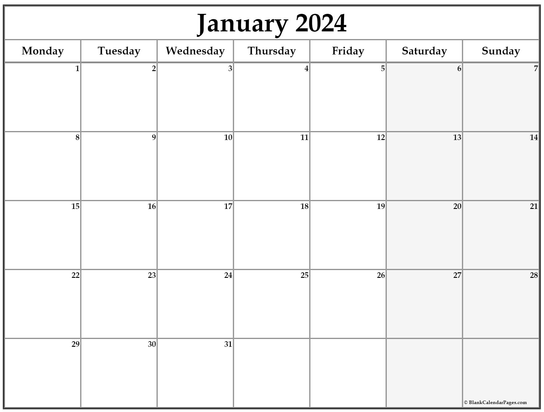 January 2024 Monday Calendar | Monday To Sunday | Printable Calendar 2024 Monday Start