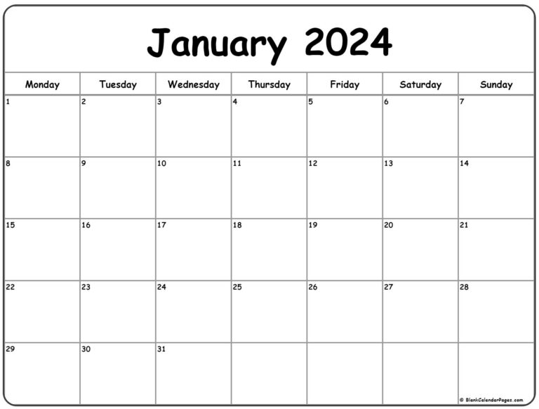 January 2024 Monday Calendar | Monday To Sunday | Printable Calendar 2024 Monday to Sunday