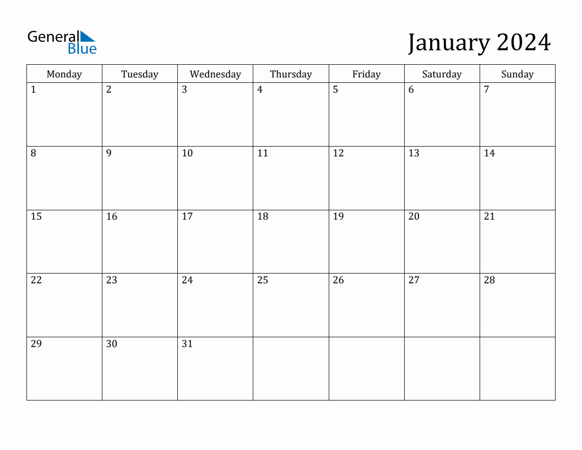 January 2024 Monday Start Calendar (Pdf, Excel, Word) | Free Printable Calendar 2024 Starting Monday