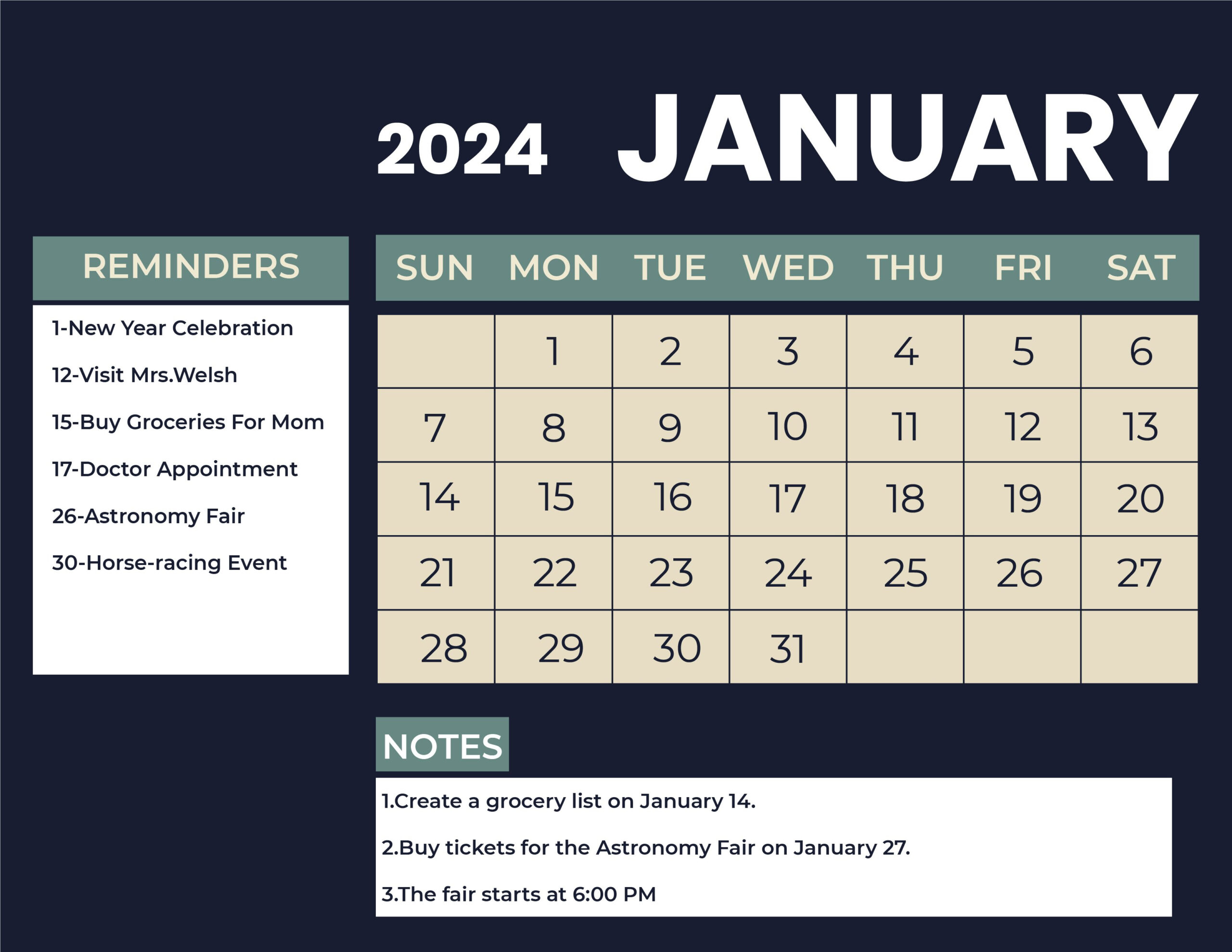 January 2024 Monthly Calendar - Download In Word, Illustrator, Eps | January 2024 Calendar Printable Word