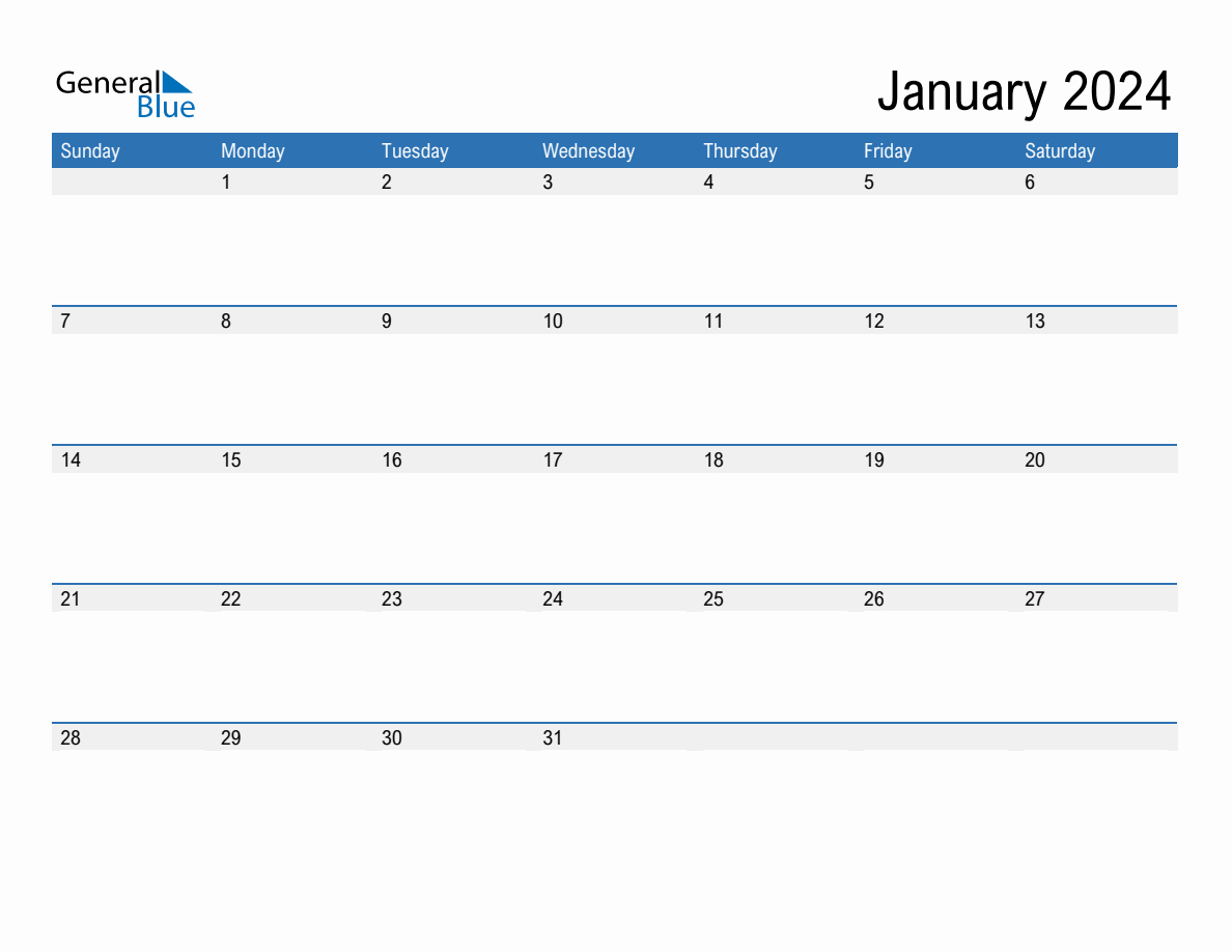 January 2024 Monthly Calendar (Pdf, Word, Excel) | 2024 Monthly Calendar Printable General Blue