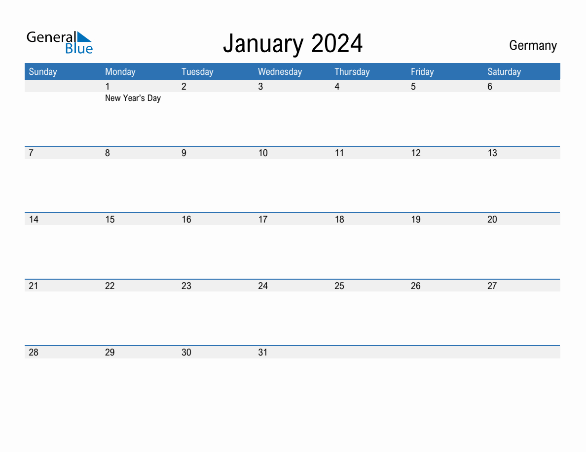 January 2024 Monthly Calendar With Germany Holidays | Printable Calendar 2024 Germany