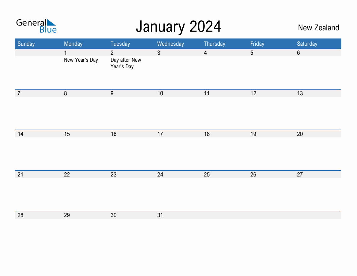 January 2024 Monthly Calendar With New Zealand Holidays | January 2024 Calendar NZ Printable