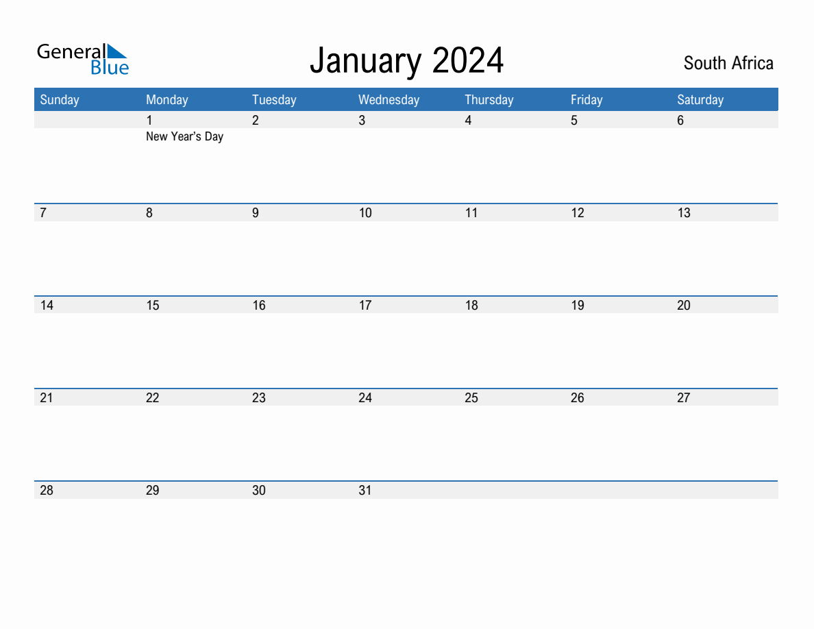 January 2024 Monthly Calendar With South Africa Holidays | Printable Calendar 2024 South Africa Pdf Download
