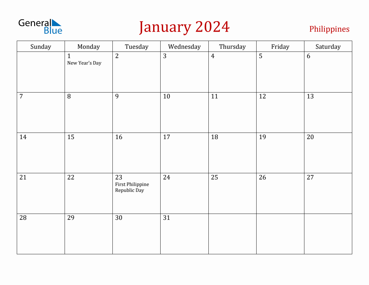 January 2024 Philippines Monthly Calendar With Holidays | Calendar 2024 Printable With Holidays Philippines