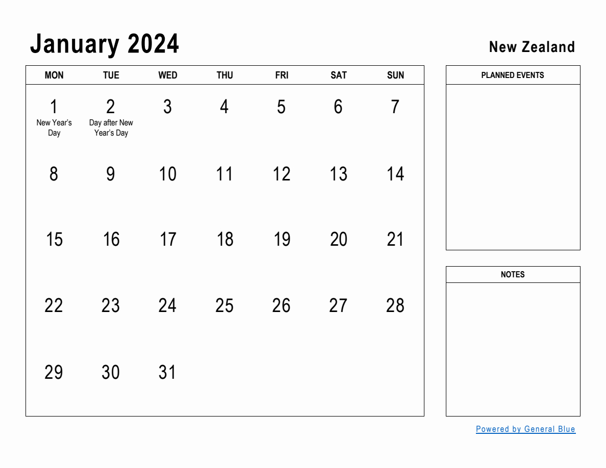 January 2024 Planner With New Zealand Holidays | January 2024 Calendar Nz Printable