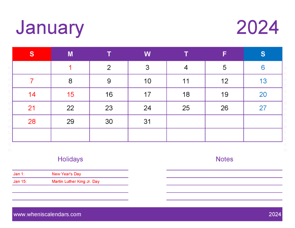 January 2024 Printable Calendar Waterproof J14177 | Free Printable Calendar 2024 Waterproof