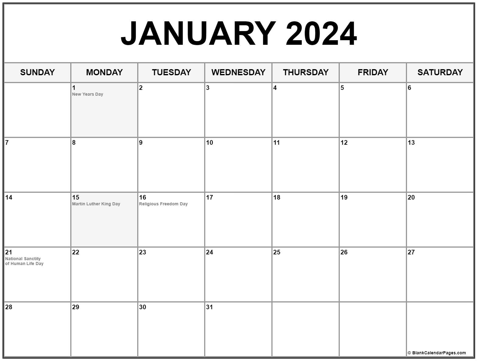 January 2024 With Holidays Calendar | Free Printable Calendar 2024 Monthly With Holidays