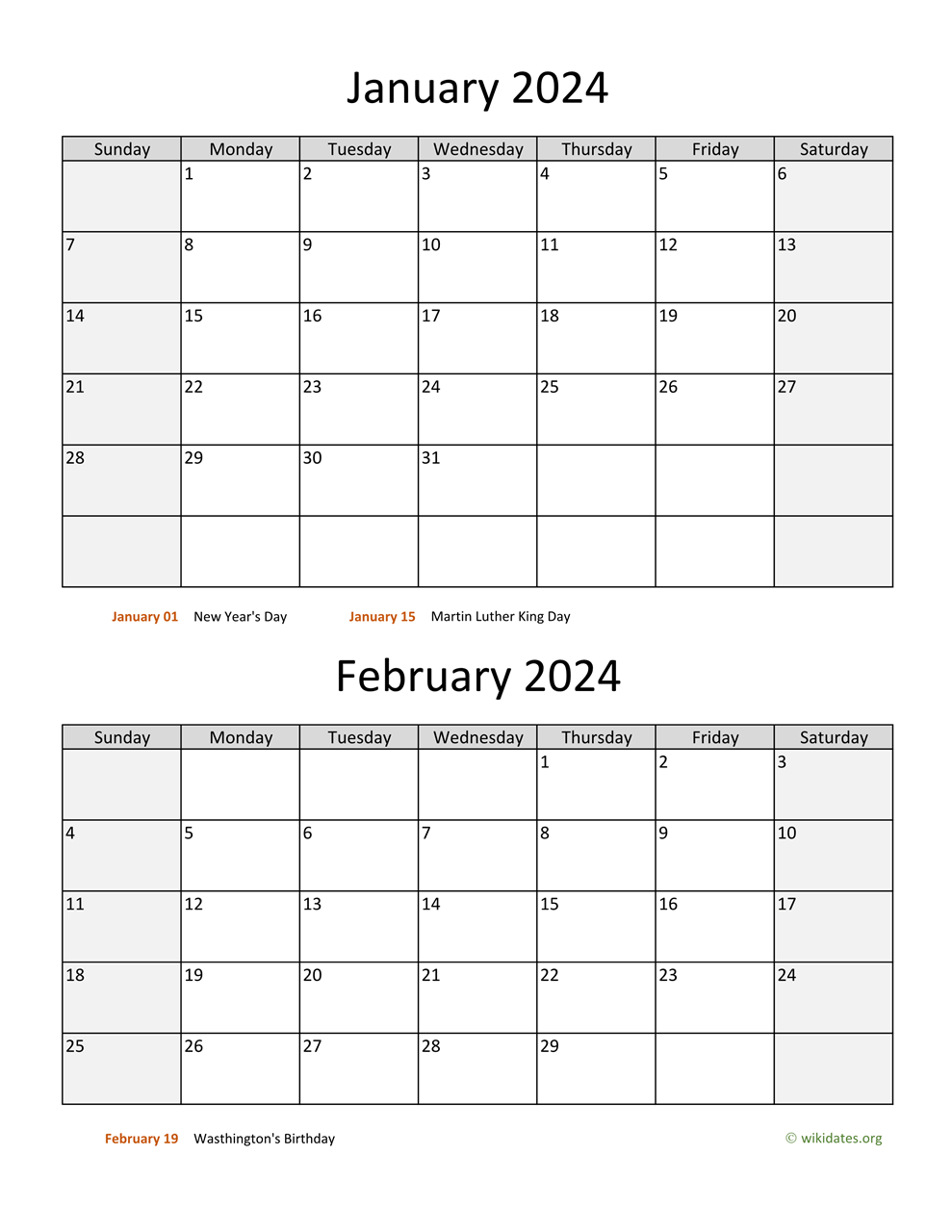 January And February 2024 Calendar | Wikidates | Printable Calendar 2024 January And February