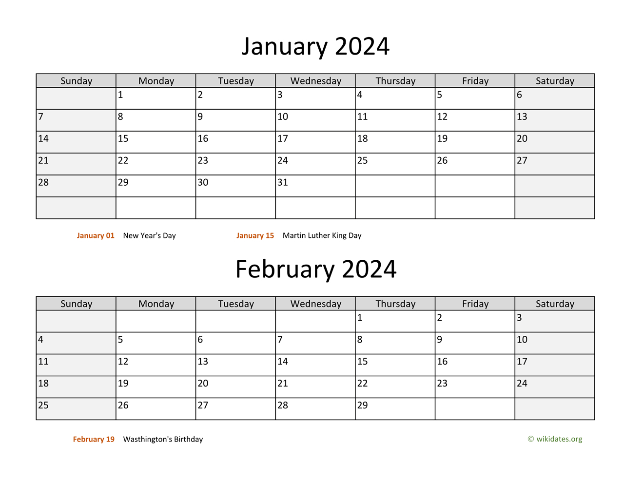 January And February 2024 Calendar | Wikidates | Printable Calendar 2024 January February