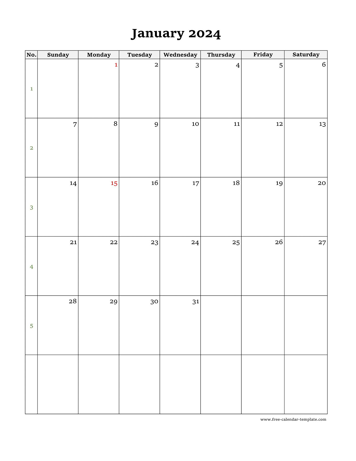 January Calendar 2024 Simple Design With Large Box On Each Day For | January 2024 Calendar Printable Vertical