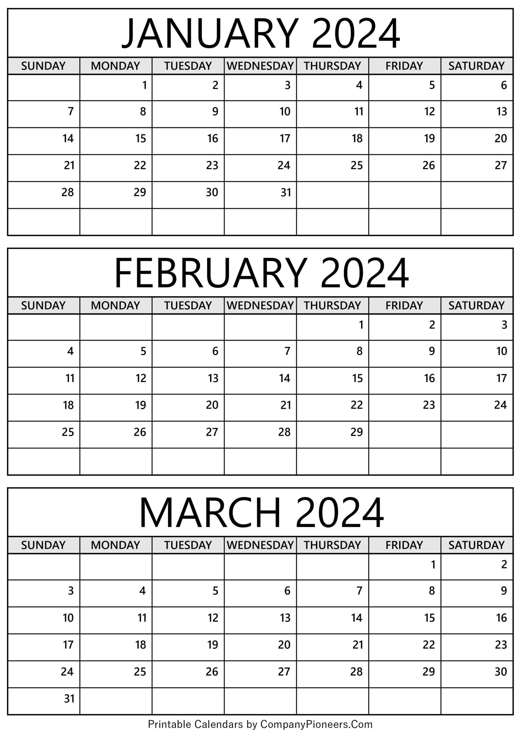 January February March 2024 Calendar Printable - Template | Printable Calendar 2024 January And February