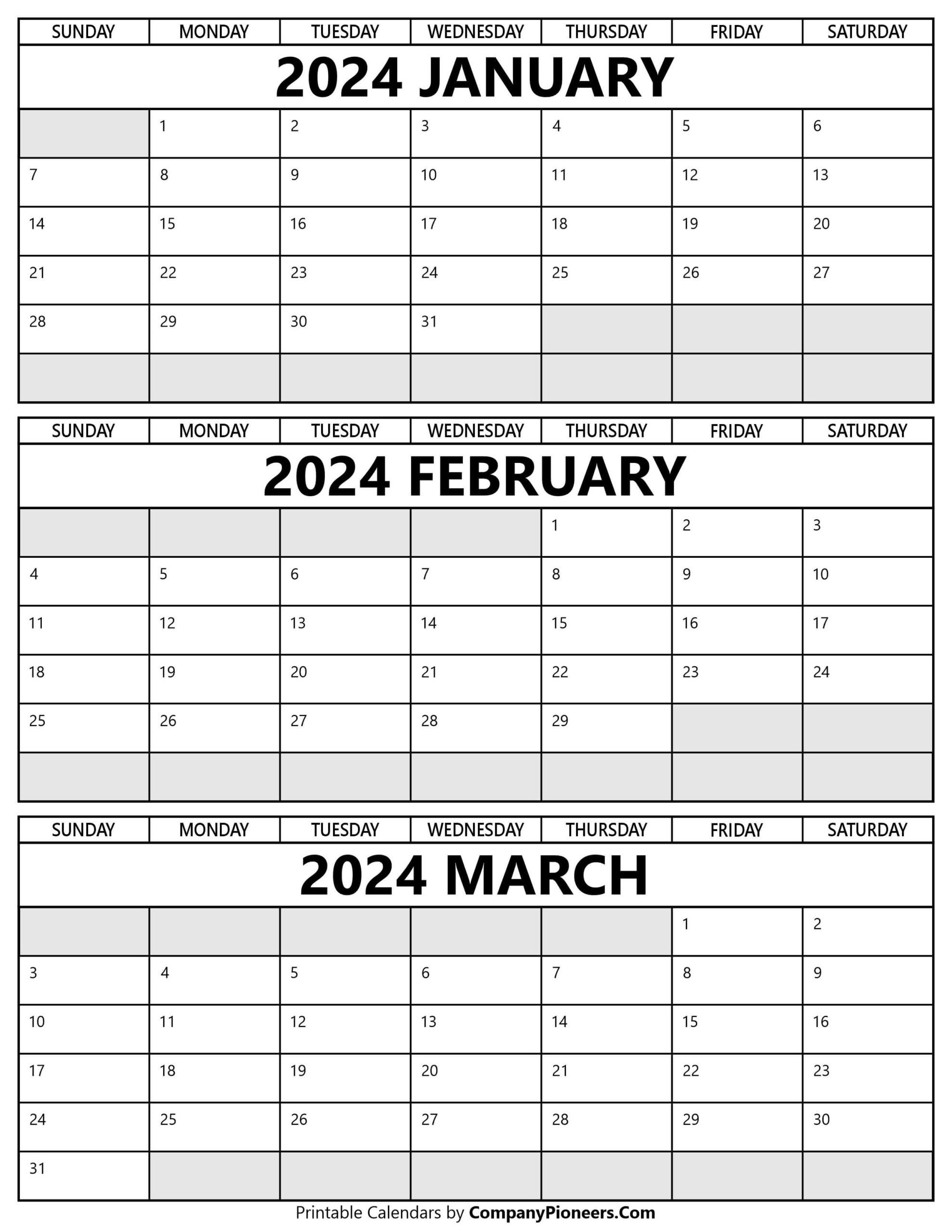 January February March 2024 Calendar Printable - Template | Printable Calendar 2024 January February March