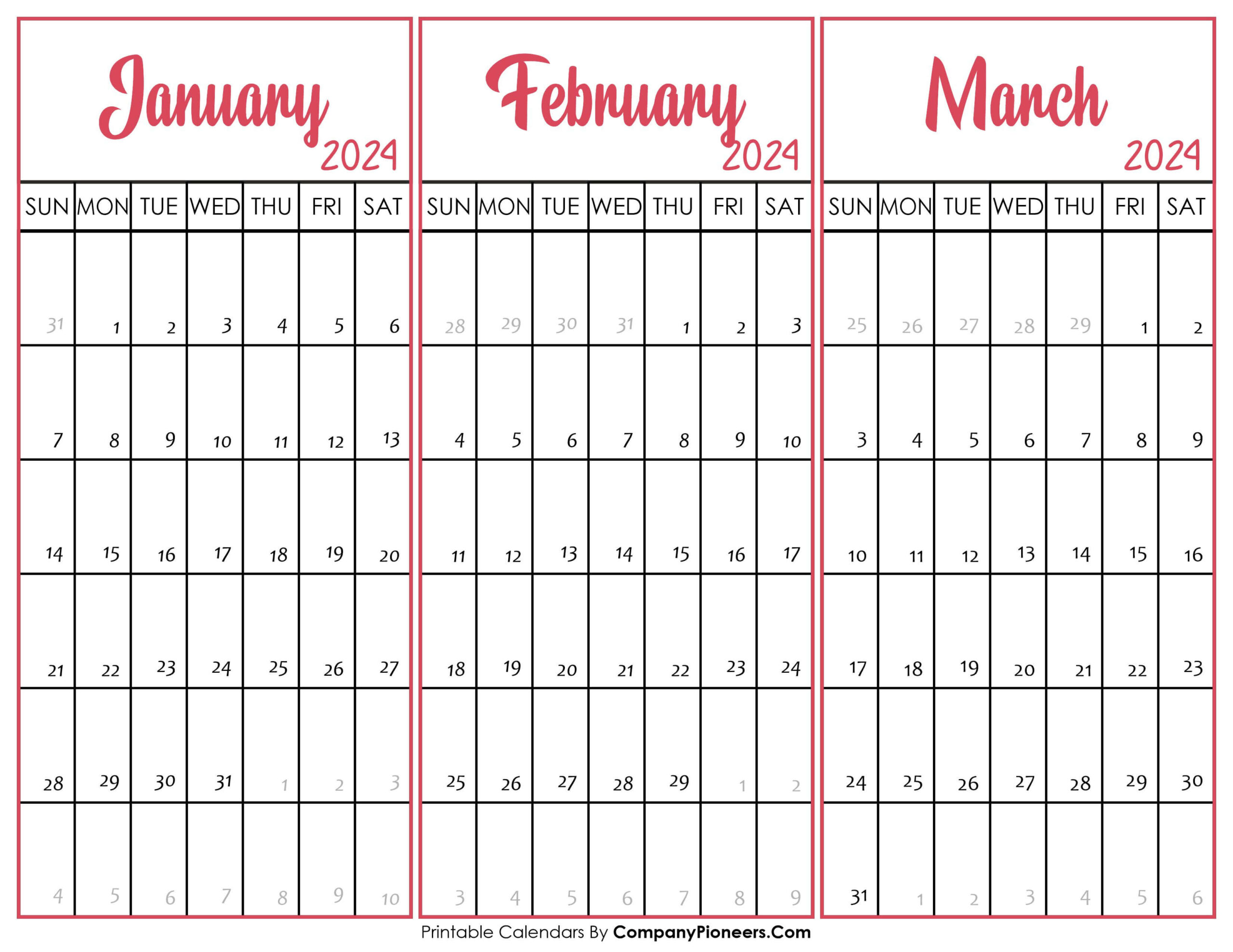 January February March 2024 Calendar Printable - Template | Printable Calendar 2024 January February March