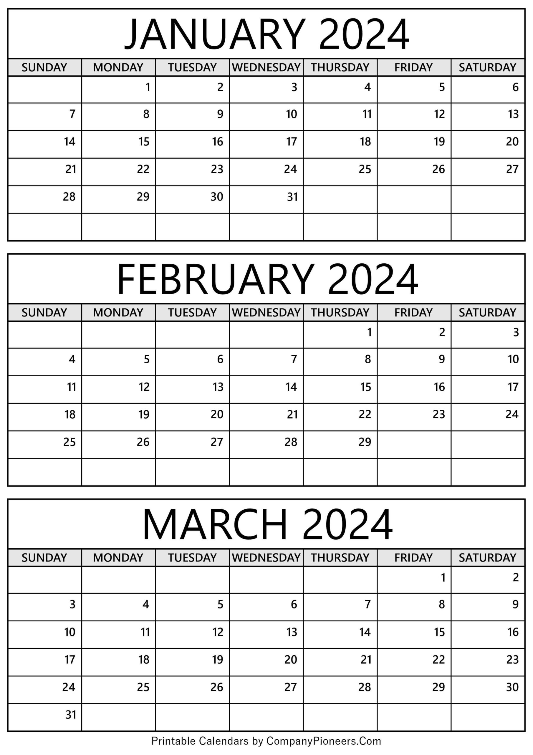 January February March 2024 Calendar Printable - Template | Printable Calendar 2024 January February