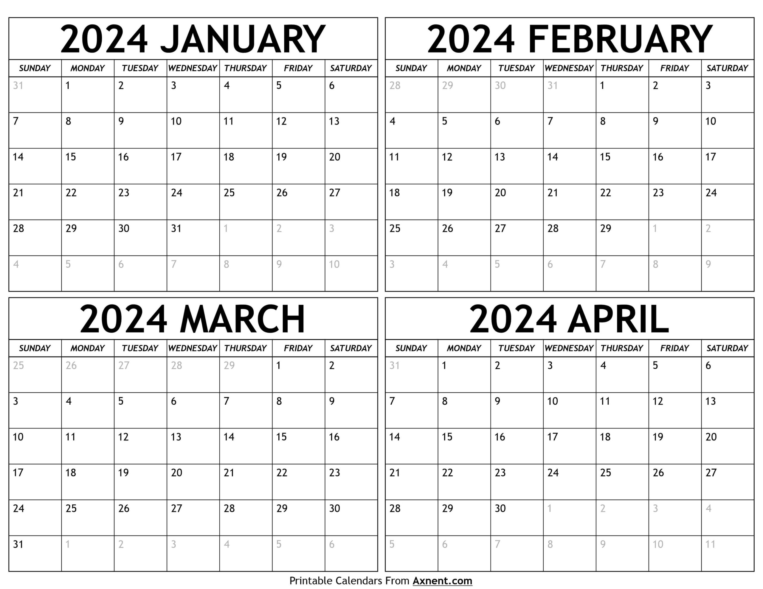 January To April 2024 Calendar Templates - Four Months | Printable 4 Month Calendar 2024