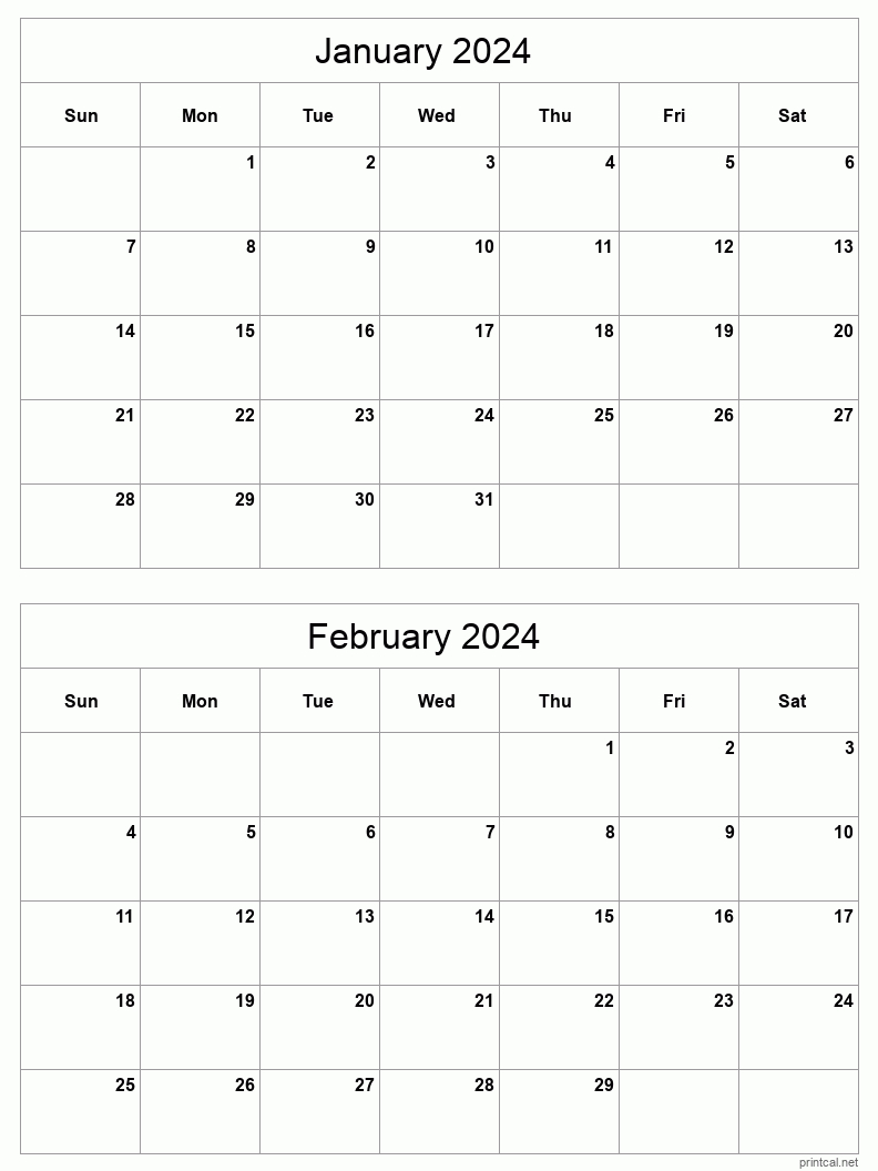 January To February 2024 Printable Calendar | Two Months Per Page | 2 Month Printable Calendar 2024